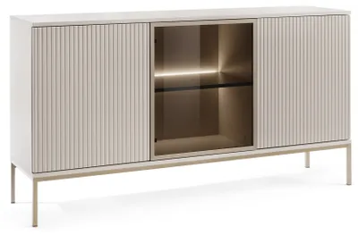 Image de Buffet 154 cm Haller - Pieds en bois, 3 portes, Commode avec lamelles - Eclairage LED - Style loft (Beige)