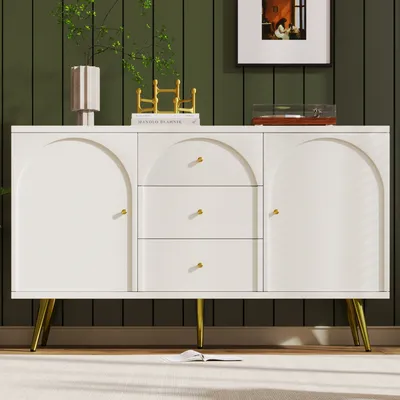 Image de Abrihome Commode avec 3 tiroirs et 2 portes, Buffet avec étagères réglables, largeur 140 cm, blanc