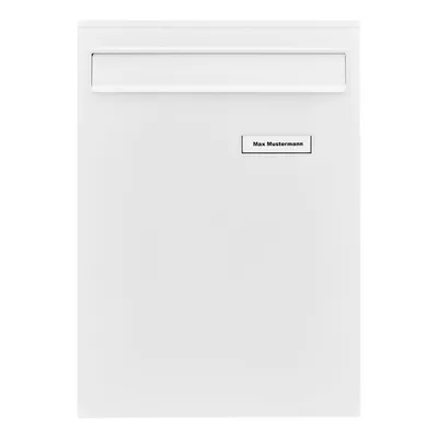 A white mailbox with a nameplate.