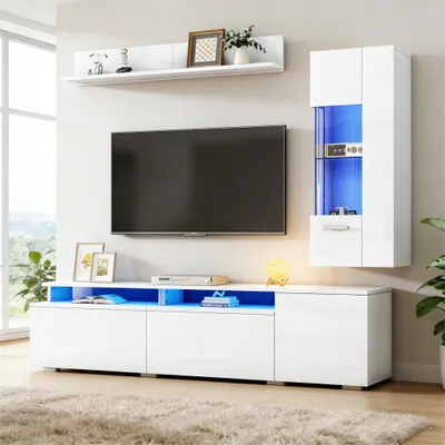 Immagine prodotto di Set mobile TV Merax a 3 elementi con illuminazione a LED, mobili da salotto lucidi con mobile TV, vetrina da 100 cm e mensola a muro, per televisori fino a 80 pollici, bianco