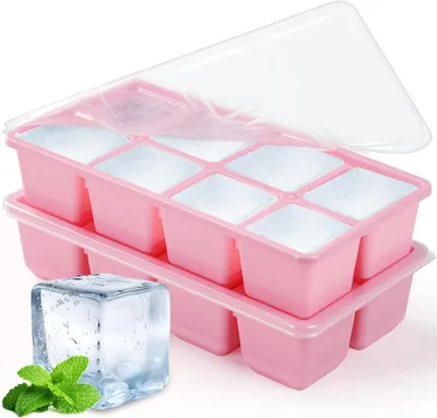 Image de Moules à glaçons en forme de gros cubes avec couvercles (2 roses) - Lot de 2