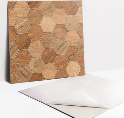 Produktbild von Fliesenaufkleber Set für Bad und Küche - 9 Fliesen Selbstklebend PVC - 30 x 30 - Holzgeometrie