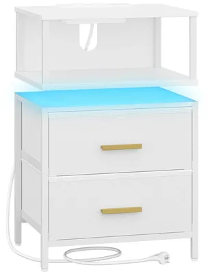 Image de Table de chevet - Table d'appoint avec éclairage LED - 2 tiroirs - Compartiment ouvert - Prises USB et prises électriques - Blanc
