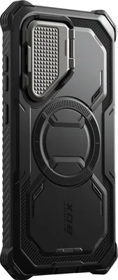 A black phone case with a metallic gray camera cover is shown against a white background.