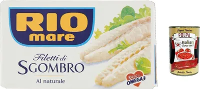Produktbild von 12x Rio Mare Filetti di Sgombro al Naturale, Makrelenfilets, Natürliche Makrele 125g + Italian Gourmet polpa 400g