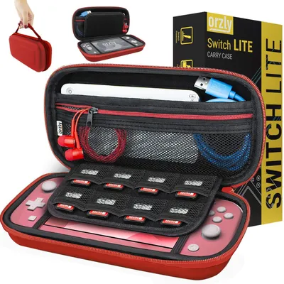 Image de Poche de transport Orzly compatible avec la Nintendo Switch Lite (2019) – Étui de rangement – Coque rigide/étui de protection pour la console Nintendo Switch Lite et ses accessoires – ROUGE