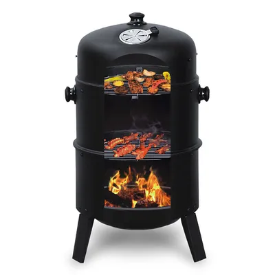 A cutaway view of a black smoker grill showing food cooking on multiple racks and a fire burning at the bottom.