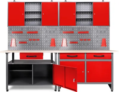 Produktbild von Ondis24 Metall Werkstatt Set 240 cm "Schöpfer" 2x Werkbank + 2 Schränke Arbeitshöhe 85 cm abschließbar höhenverstellbare Füße Arbeitsplatte Holz Werkstatteinrichtung Packtisch Werktisch Werkstatttisch Montagewerkbank Hängeschrank Werkzeugschrank Werkstattschrank Werkzeugwand Werkstattwand Werkzeughalter Lochblech