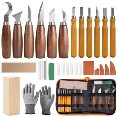 Holzschnitz-Set 30-teilig, 12 Messer, Schleifstein, Lederriemen