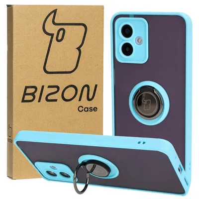 Produktbild von Bizon Case Hybrid Ring Fingerringhülle für Motorola Moto G14, Rauch mit hellblauem Rahmen