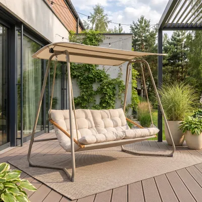 Produktbild von BEAUTYSOFA | GARDA Gartenschaukel mit Sonnendach Beige – Hollywoodschaukel 3-Sitzer , Schaukelbank für Garten, Outdoor Schaukel mit Komfortkissen