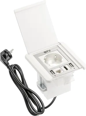 Produktbild von GTV - Möbelsteckdose FLIP, Einbausteckdose, 1x Schuko Steckdose, 2X USB A, 1x RJ45, 1x HDMI, Kabellänge 1,5m, Farbe Weiß, für Schreibtische, Tischplatte, Küchen und Büro