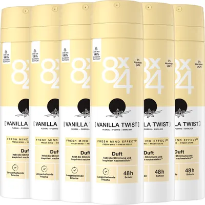 Produktbild von 8x4 Deo Spray Vanilla Twist 6 x 150ml Fresh Mind Effect® und 48h Schutz