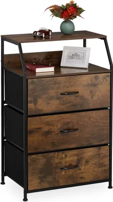 Immagine prodotto di Comodino Relaxdays, 3 cassetti, 2 ripiani, libri e decorazioni, comodino a scaffali in stile industriale, A x L x P: 96,5 x 61 x 42 cm, marrone/nero