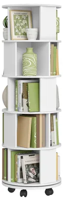 Produktbild von Drehbares Bücherregal 5 Ebenen mit Rollen 45x45x161,5 cm Weiß | 360° Standregal für Wohnzimmer Büro