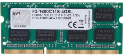 Produktbild von G.Skill 4GB DDR3-1600, 4 GB, 1 x 4 GB, DDR3, 1600 MHz, 204-pin SO-DIMM