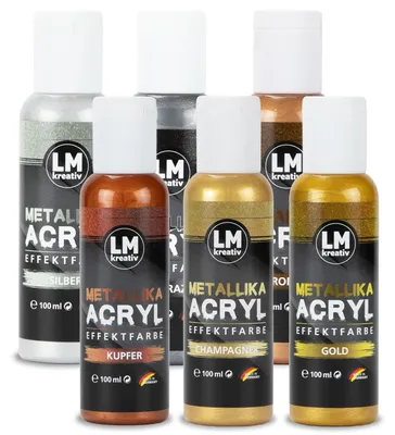 Produktbild von LM-Kreativ Metallika Acryl-Effektfarben Set 6 x 100 ml – Silber, Anthrazit, Gold, Champagner, Bronze und Kupfer, hochpigmentiert, wetterfest für innen & außen