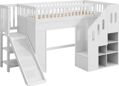 Produktbild von Flieks Etagenbett 90x200cm mit Stauraumtreppe, Kinderbett mit Led, Kinder Hochbett mit Rutsche, Stockbett Einzelbett mit Rausfallschutz, Weiß