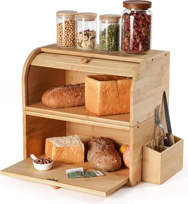 Produktbild von Bambus Brotkasten Groß Retro Eco Doppellagig Stapelbar 38x25x36cm Holzfarbe