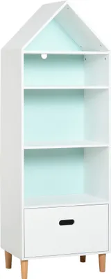 Produktbild von HOMCOM Kinder-Bücherregal, Holz-Kinder-Bücherregal für Bücher, Spielzeug, DVDs, mit 4 Regalen, 1 Schublade, 2-Farben-Tafel, kompaktes Design, 50 x 30 x 142 cm, Weiß