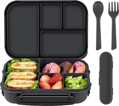 Produktbild von Kinder-Lunchbox mit Fächern, Kinder-Lunchbox, Lunchbox für Erwachsene, 1200 ml Lunchbox mit 4 Fächern und Besteck, mikrowellen- und spülmaschinenfest, BPA-frei, wiederverwendbar (schwarz)