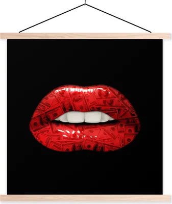 Produktbild von MuchoWow® Textilposter Lippen - Geld - Rot 40x40 cm mit holzfarbenen Rahmen - Posterleiste