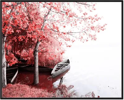 Produktbild von Wallario Wandbild Romantische Bootsanlegestelle in rot-weiß, Größe: 40,30 x 50,30 cm, Poster mit schwarzem Aluminiumrahmen