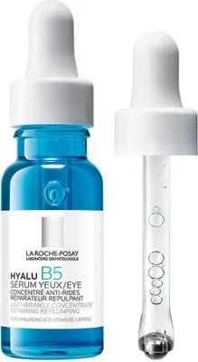 A bottle of La Roche-Posay Hyalu B5 serum and its dropper are shown against a white background.