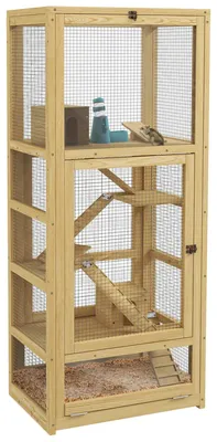 Image de Cage pour hamsters et petits animaux - Cage en bois - 5 niveaux - Avec échelle - Avec maison et balançoire - 54 x 38 x 131 cm - Naturel