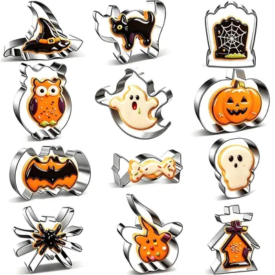 Immagine prodotto di Set di 12 formine per biscotti a tema Halloween, in acciaio inossidabile, ideali per preparare biscotti, dolcetti e per decorare torte