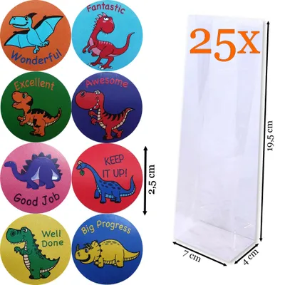 Productafbeelding van Prigta - Cadeauzakjes Transparant + Sluitstickers dino's – 25 Stuks – 7x4x19,5 cm