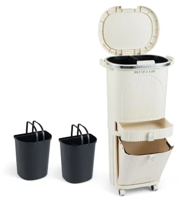 Image de COSTWAY Poubelle de cuisine, Système de tri des déchets 3 compartiments, Poubelle à roulettes, tiroir, couvercle, pédale & crochet, Poubelle à pédale Collecteur de déchets, salle de bain, beige