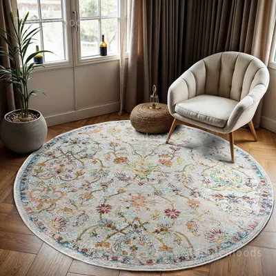 Productafbeelding van Unyqoos® Picasso Sarough – Rund vloerkleed van rundervacht, vintage look, crème/beige, diameter 300 cm, 100% polypropyleen, laagpolig (6 mm), STANDARD 100 by