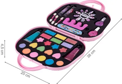 An open pink makeup case filled with colorful pretend makeup and accessories.