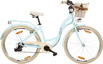 A light blue city bicycle with a wicker basket on the front, presented against a white background.