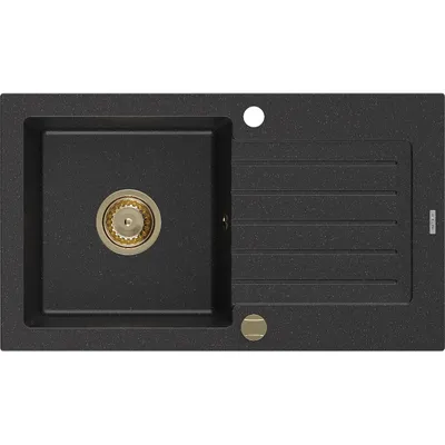 Obrázek produktu pro Mexen Pablo 1-miskový granitový dřez s odkapávačem 752 x 436 mm, Černá/Stříbrná kovová, sifon Zlatá - 6510751010-73-G