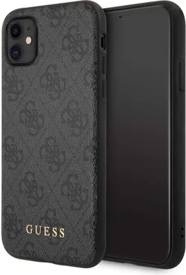 A smartphone case with a repeating Guess logo pattern and the Guess brand name is shown next to a smartphone.