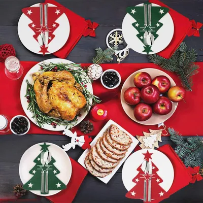 Produktbild von Weihnachtsbaum Bestecktasche, 24 Stücke Besteckhalter Filz Weihnachten, Bestecktasche Filz Weihnachten, Besteckbeutel Weihnachten, Rot und Grün, Für Weihnachtsfeiern, Festliche Abendessen