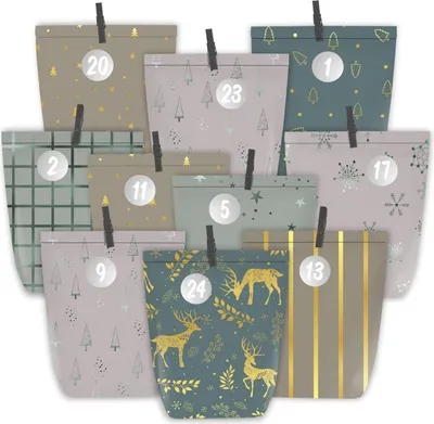 Produktbild von Adventskalender zum Befüllen mit 24 Papiertüten Grün Golden