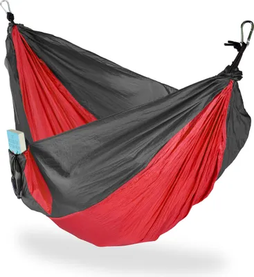 Produktbild von Relaxdays Hängematte Outdoor, Reisehängematte für 2 Personen, ultraleicht, Camping, bis 200 kg, BT: 152x255 cm, rot-grau