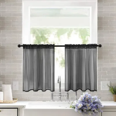 Produktbild von 2 Paneele transparente Vorhänge Stangentasche Netzgardinen Gardinen mit Store Vorhang Voile halbtransparent kurz Vorhang für kleine Fenster durchsichtiger Vorhang Café Schwarz 76x60cm