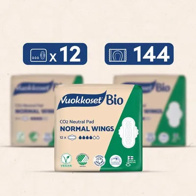 Zdjęcie produktu dla ZAPAS Ochrony BIO | Vuokkoset Podpaski NORMAL WINGS 144 szt. | Ze Skrzydełkami | 100% Bawełna Organiczna | Biodegradowalne | Mega Pakiet