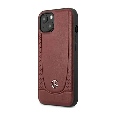 A product shot of a red leather iPhone case with a Mercedes-Benz logo.