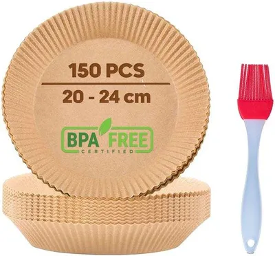 Zdjęcie produktu dla Okrągłe papiery do pieczenia do frytkownicy powietrznej, 150 sztuk, 20–24 cm / 4,5–6,5 l, z silikonową szczotką, papiery do pieczenia z powłoką zapobiegającą przywieraniu do frytkownicy powietrznej