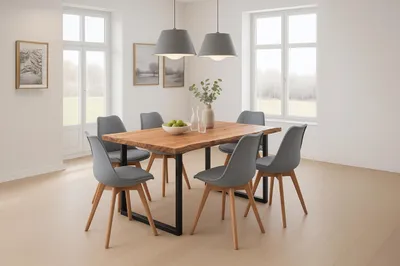 Produktbild von 7-TLG. Essgruppe Quinn | Esstisch mit 6 Stühlen | 220x100 cm | Esstisch mit echter Baumkante | Akazienholz massiv + Naturfarben | U-Gestell Schwarz | 6X Schalenstuhl Grau
