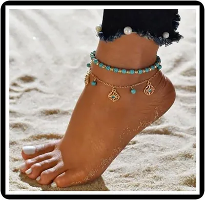 Productafbeelding van Twee enkelbandjes, turquoise bloem, kristallen kralen, boho-stijl, geschikt voor de zomer