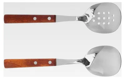 Produktbild von Edelstahl Servierlöffel und geschlitzter Küchenlöffel mit Holzgriff, 2 Stück, Küchenutensilien für Kochen und Servieren