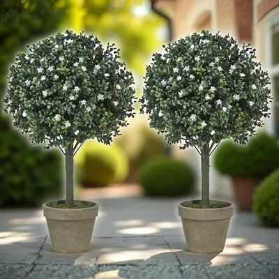 Image de Buis artificiel, 60 cm de haut, plante en plastique résistante aux UV, pour tous les espaces intérieurs tels que les bureaux, les salons, les terrasses, les jardins de devant, les chambres et les jardins, lot de 2