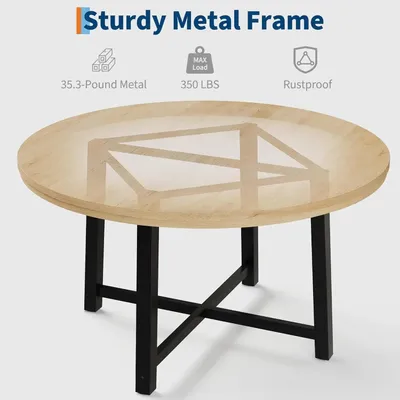 Zdjęcie produktu dla Okrągły stół jadalny - stół w stylu industrialnym - rama drewniana - dla 4-6 osób - 120 cm - drewno naturalne