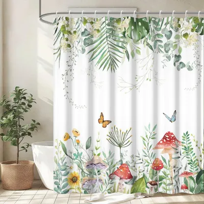 Produktbild von Duschvorhang 180 x 180 cm, schimmelresistent, tropisch grün mit Palmenblättern und Eukalyptuspilzen, wasserdichtes Polyestergewebe, waschbarer Badezimmervorhang mit 12 Haken für das Badezimmer